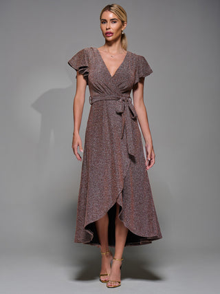 Metalic Angel Sleeve Wrap Maxi Dress Gold Red