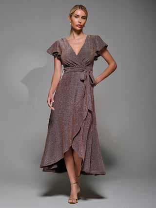 Metalic Angel Sleeve Wrap Maxi Dress Gold Red