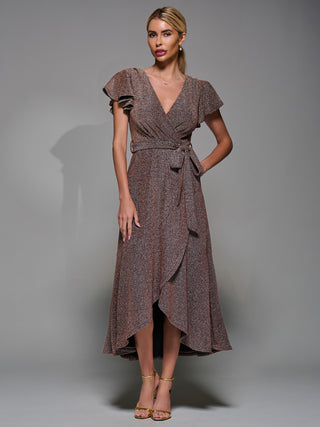 Metalic Angel Sleeve Wrap Maxi Dress Gold Red