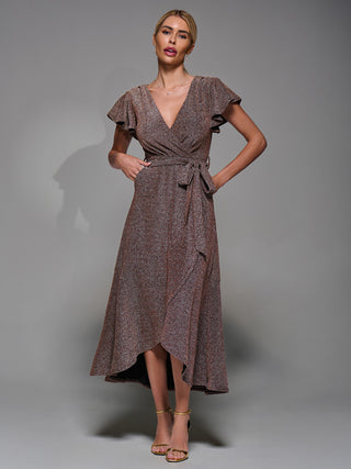 Metalic Angel Sleeve Wrap Maxi Dress Gold Red