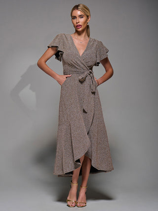Metalic Angel Sleeve Wrap Maxi Dress Gold Silver