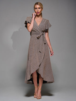 Metalic Angel Sleeve Wrap Maxi Dress Gold Silver