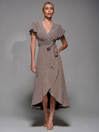 Metalic Angel Sleeve Wrap Maxi Dress Gold Silver