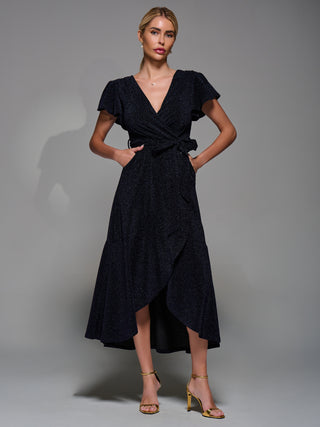 Metalic Angel Sleeve Wrap Maxi Dress, Navy
