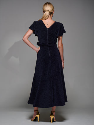 Metalic Angel Sleeve Wrap Maxi Dress, Navy