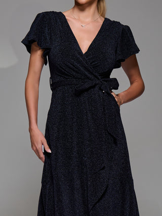Metalic Angel Sleeve Wrap Maxi Dress, Navy