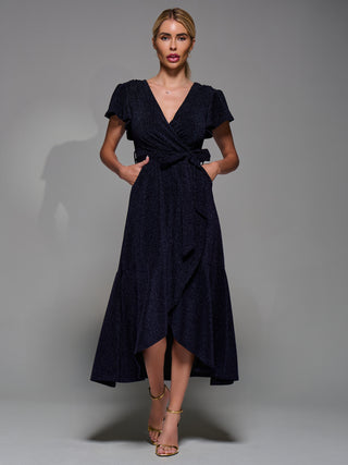 Metalic Angel Sleeve Wrap Maxi Dress, Navy