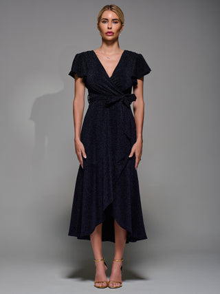 Metalic Angel Sleeve Wrap Maxi Dress, Navy