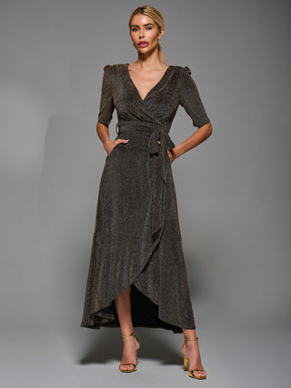 Tie Waist Wrap Metalic Maxi Dress Black / Gold