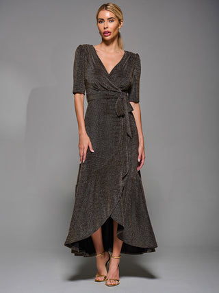 Tie Waist Wrap Metalic Maxi Dress Black / Gold