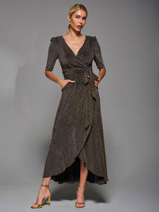 Tie Waist Wrap Metalic Maxi Dress Black / Gold