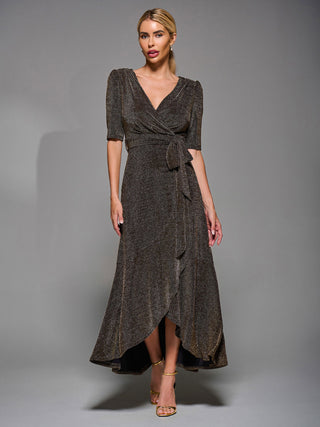 Tie Waist Wrap Metalic Maxi Dress Black / Gold