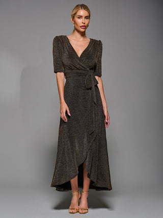 Tie Waist Wrap Metalic Maxi Dress Black / Gold