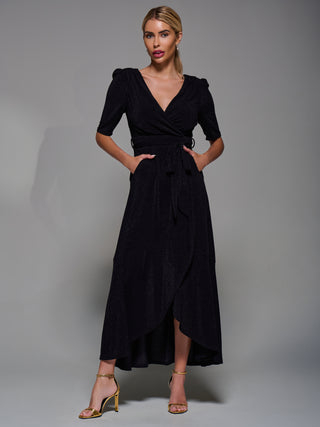 Tie Waist Wrap Metalic Maxi Dress, Black