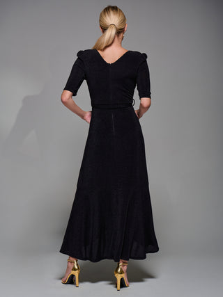 Tie Waist Wrap Metalic Maxi Dress, Black