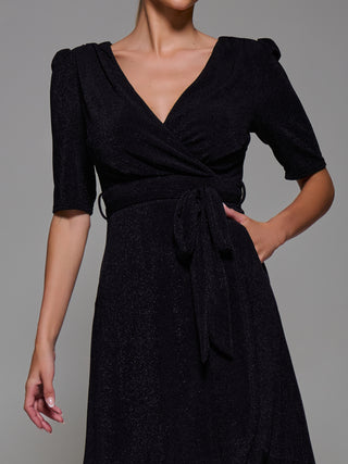 Tie Waist Wrap Metalic Maxi Dress, Black