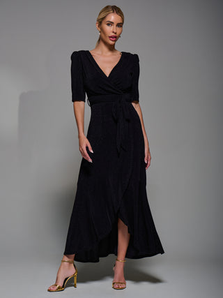 Tie Waist Wrap Metalic Maxi Dress, Black