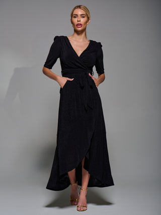 Tie Waist Wrap Metalic Maxi Dress, Black