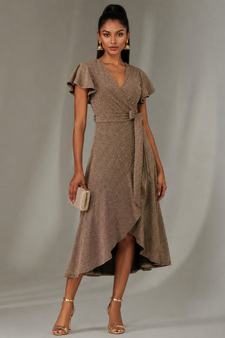 Metallic Angel Sleeve Maxi Dress, Gold Silver