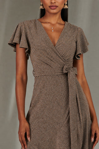 Metallic Angel Sleeve Maxi Dress, Gold Silver