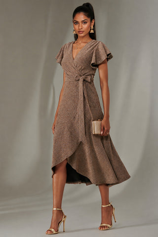 Metallic Angel Sleeve Maxi Dress, Gold Silver