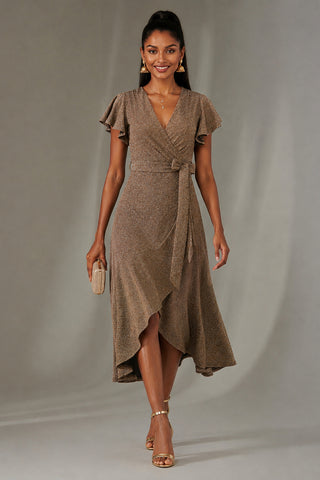 Metallic Angel Sleeve Maxi Dress, Gold Silver