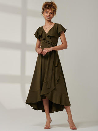 Priya Frill Dipped Hem Dress, Soldier Green