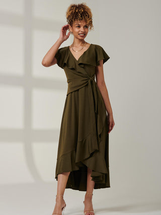 Priya Frill Dipped Hem Dress, Soldier Green