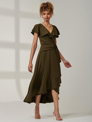 Priya Frill Dipped Hem Dress, Soldier Green