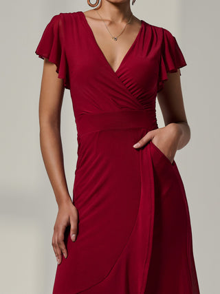 Angel Sleeve Mesh Wrap Maxi Dress, Burgundy