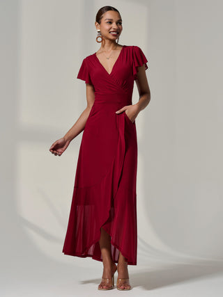Angel Sleeve Mesh Wrap Maxi Dress, Burgundy
