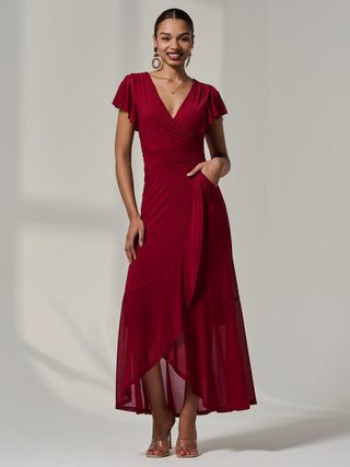 Angel Sleeve Mesh Wrap Maxi Dress, Burgundy