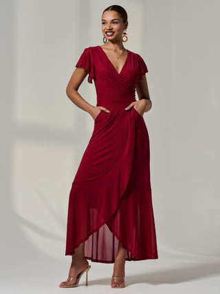 Angel Sleeve Mesh Wrap Maxi Dress, Burgundy