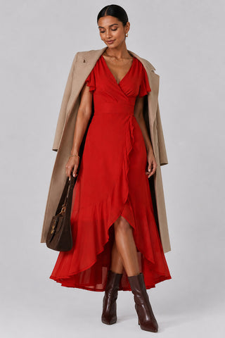 Plain Wrap Mesh Maxi Dress, Dark Orange