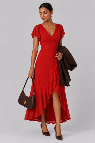 Plain Wrap Mesh Maxi Dress, Dark Orange