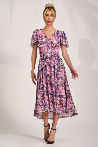 Petite Short Sleeve Midaxi Dress, Pink Abstract