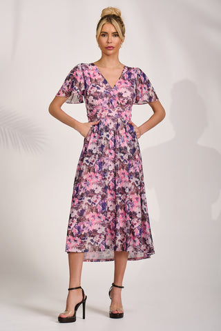 Petite Short Sleeve Midaxi Dress, Pink Abstract