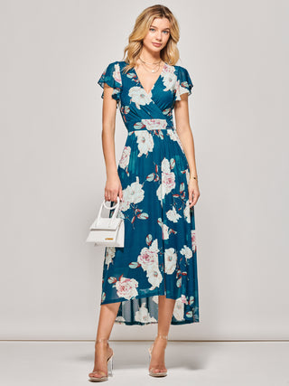 Dipped Hem Mesh Maxi Dress, Teal Floral