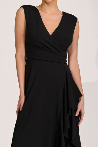 Frill Detail Wrap Sleeveless Midaxi Dress, Black