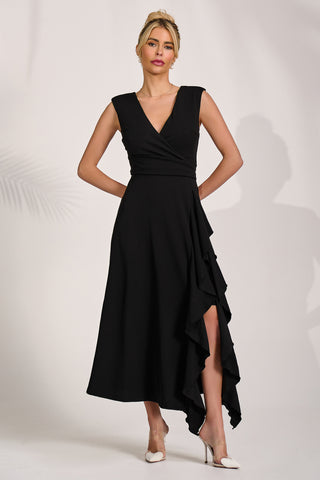 Frill Detail Wrap Sleeveless Midaxi Dress, Black