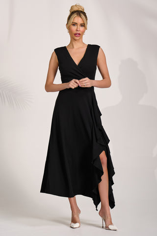 Frill Detail Wrap Sleeveless Midaxi Dress, Black