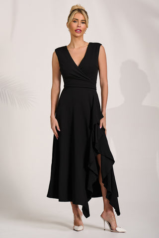 Frill Detail Wrap Sleeveless Midaxi Dress, Black