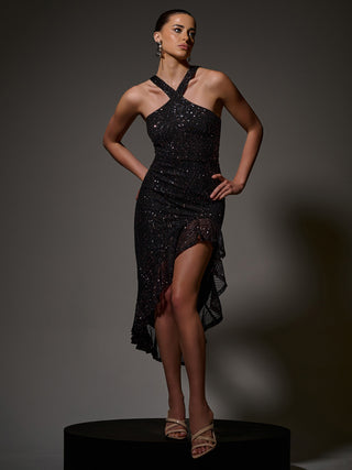 Side Ruffle Cross Neck Sequin Dress Navy Multi