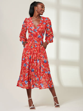 Floral Long Sleeve Mesh Midi Dress, Red Floral Jolie Moi Retail Floral Long Sleeve Mesh Midi Dress, Red Floral Jolie Moi Retail
