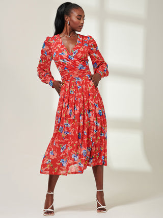 Floral Long Sleeve Mesh Midi Dress, Red Floral