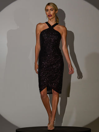 Halter Neck Sequin Wrap Midi Dark Purple