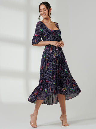 Aleia Mesh Print Square Neck Dress, Navy Feather