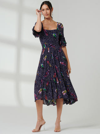 Aleia Mesh Print Square Neck Dress, Navy Feather