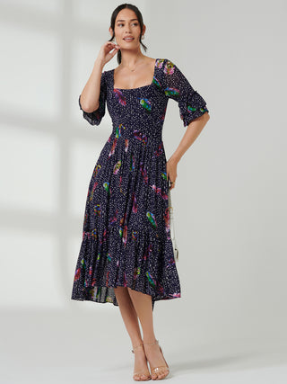 Aleia Mesh Print Square Neck Dress, Navy Feather