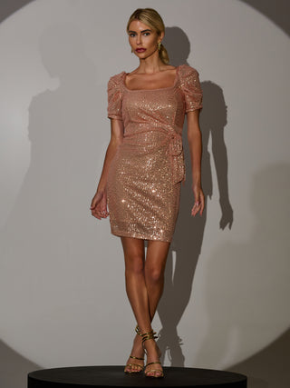 Square Neck Sequin Dress, Champagne